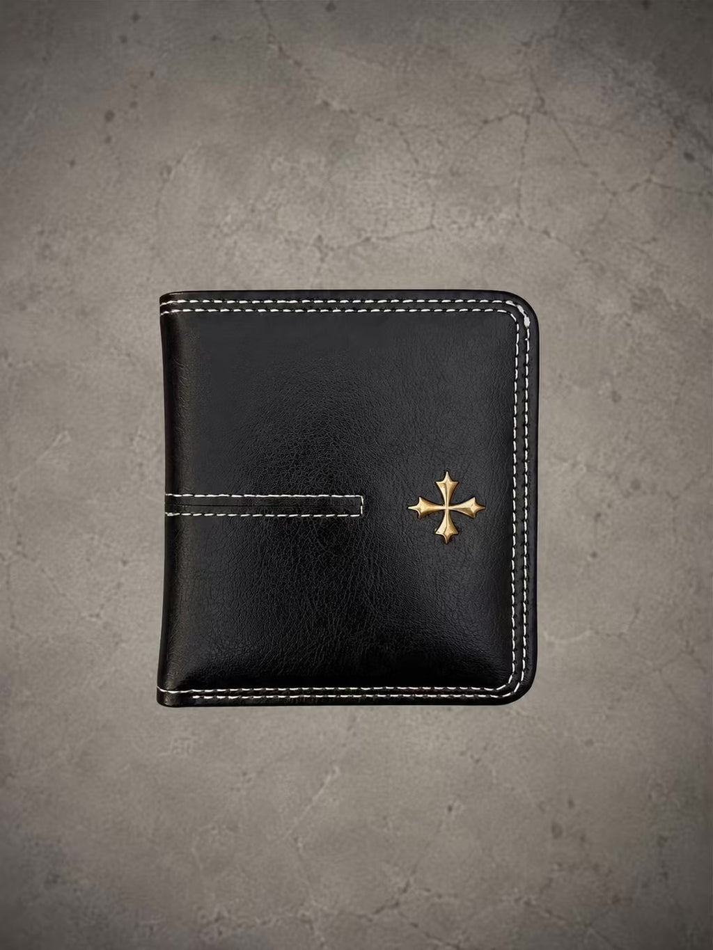Portafoglio Bifold in Pelle Nera con Croce – Artigianale